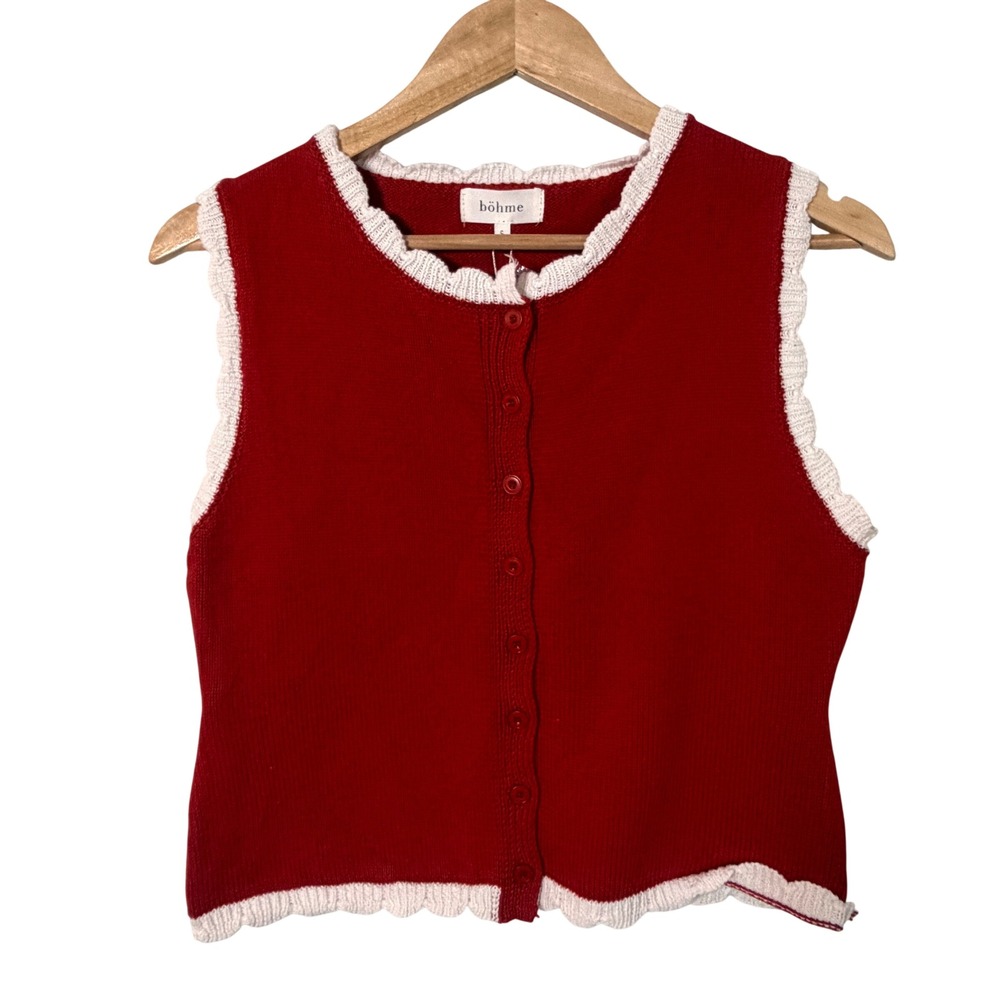 Böhme Knit Sweater Vest Womens Small Red NWT Scalloped Trim Cotton BHM2205SW